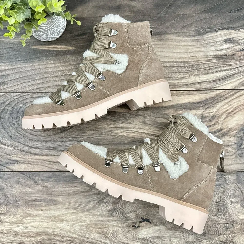 NEW Dolce Vita Pace 8 Faux Shearling Trim Lug Sole Suede Hiker Ankle Boots